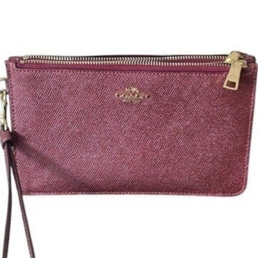Coach Wristlet Clutch Metallic Berry Triple Compartment Crossgrain Leather Gold